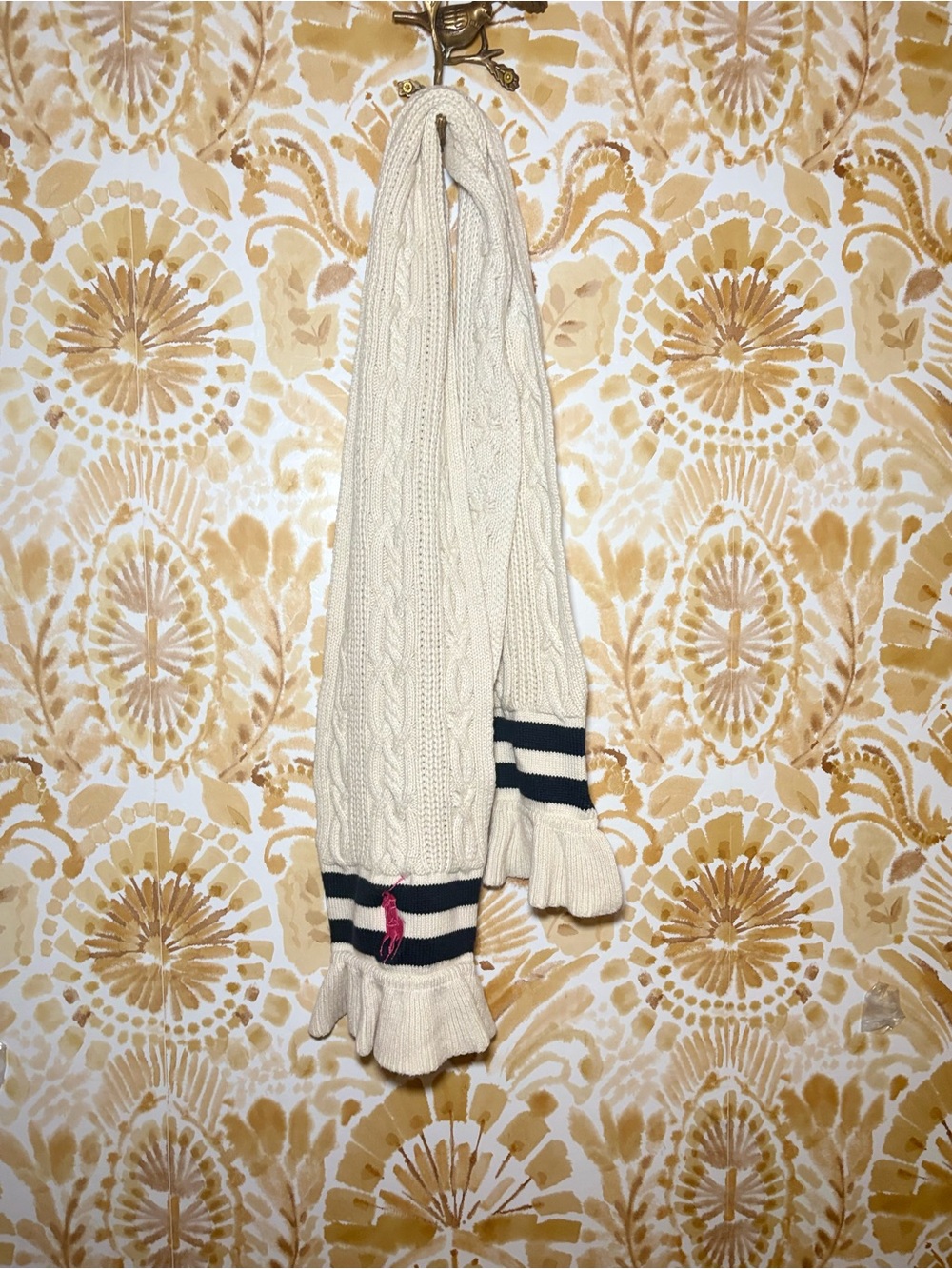 Polo Ralph Lauren Cable Knit Scarf Cream Navy Stripe Ruffle Trim Pink Pony Soft - Picture 3 of 9